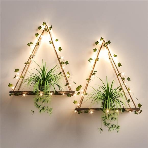 Set of 2 Ivy LED-Strip Wall Hanging Shelves Macrame Shelf Bedroom Bathroom Boho - Picture 7 of 12